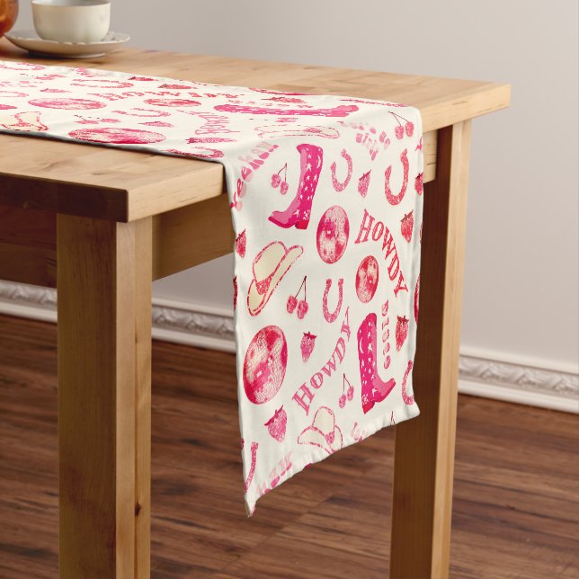 Cute Girly Pink Disco Cowgirl Aesthetic Short Table Runner (In Situ)