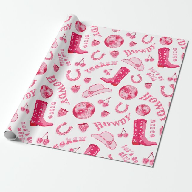 Cute Girly Pink Disco Cowgirl Aesthetic Wrapping Paper (Unrolled)