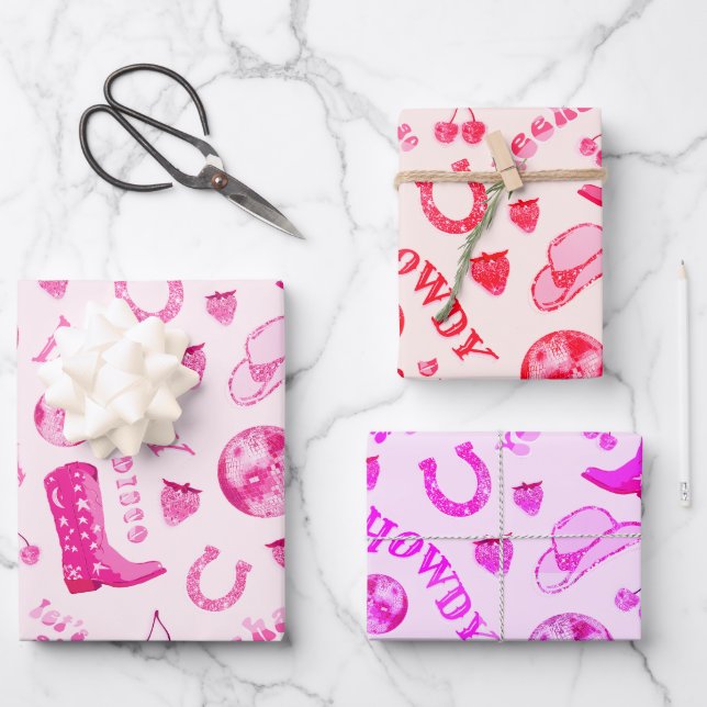 Cute Girly Pink Disco Cowgirl Aesthetic Wrapping Paper Sheet (Front)