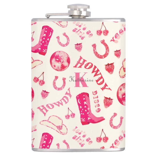 Cute Girly Pink Disco Cowgirl Name Monogram Hip Flask (Front)
