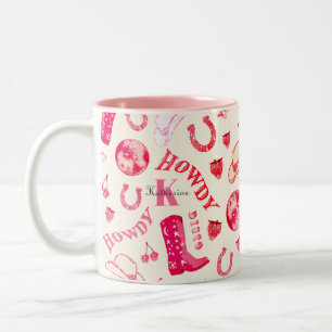 Cute Girly Pink Disco Cowgirl Name Monogram Two-Tone Coffee Mug