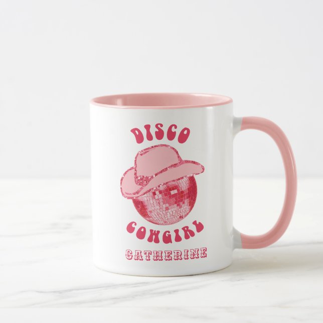 Cute Girly Pink Disco Cowgirl Name Mug (Right)