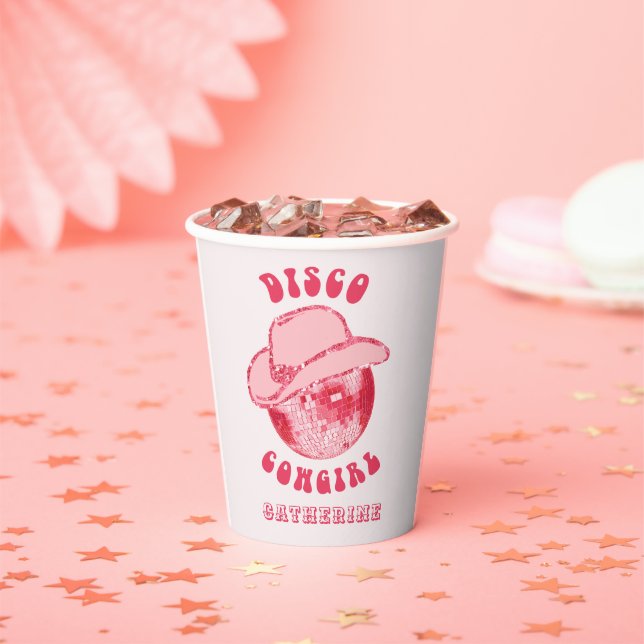 Cute Girly Pink Disco Cowgirl Name Paper Cups (Insitu)
