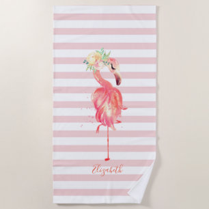 Cute Girly Pink Flamingo Flower Stripes   Beach Towel