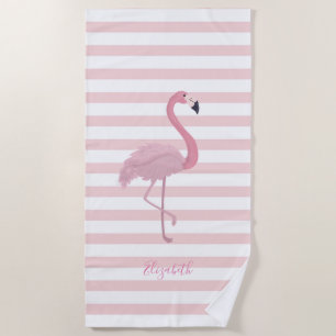 Cute Girly Pink Flamingo , Stripes -Personalised Beach Towel