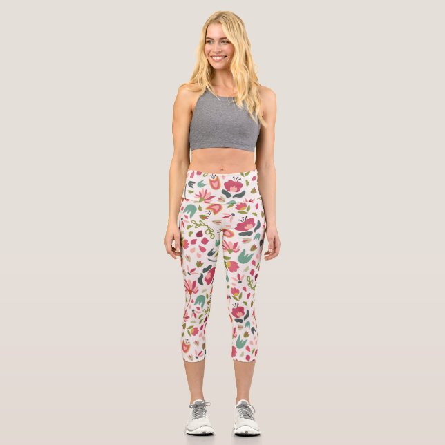 Cute Girly Pink Floral Flowers Capri Leggings (Front)