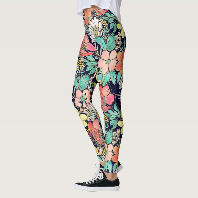 Cute Girly Pink Floral Golden Strokes Design Leggings (Left)