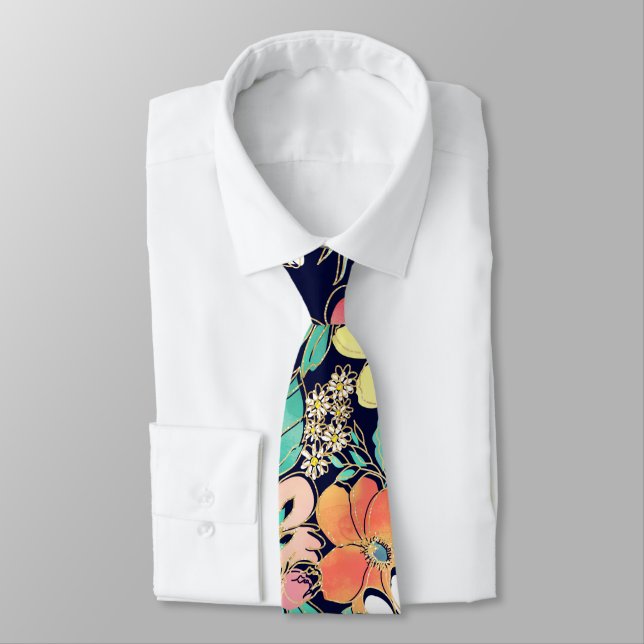 Cute Girly Pink Floral Golden Strokes Design Tie (Tied)