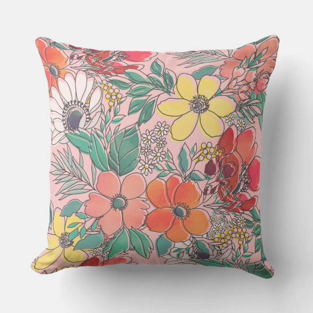 Cute girly pink floral hand drawn design cushion (Front)