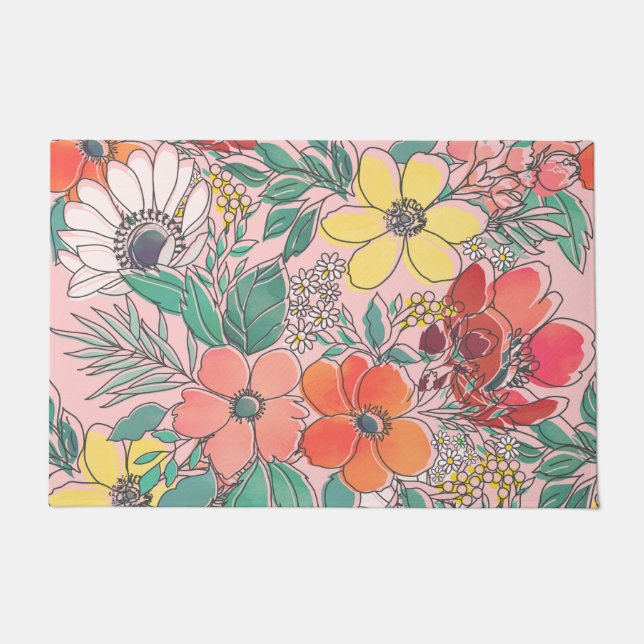 Cute girly pink floral hand drawn design doormat (Front)