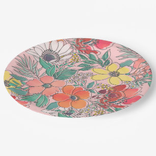 Cute girly pink floral hand drawn design paper plate