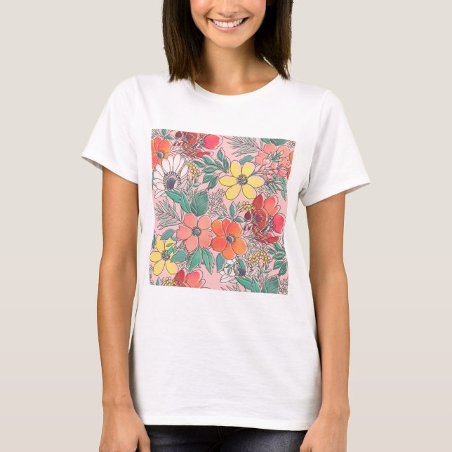 Cute girly pink floral hand drawn design T-Shirt (Front)