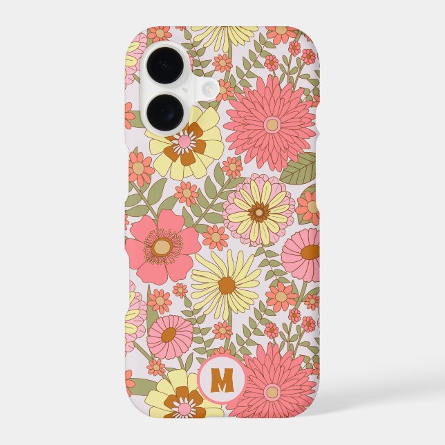 Cute Girly Pink Floral Pattern Monogrammed iPhone Case (Back)