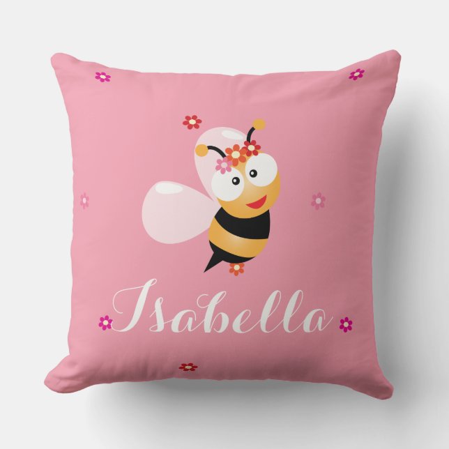 Cute Girly Pink Flower Girl Baby Bee Cartoon Cushion (Front)