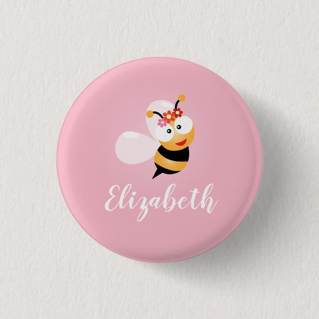 Cute Girly Pink Flower Girl Honey Bee Whimsical 3 Cm Round Badge (Front)