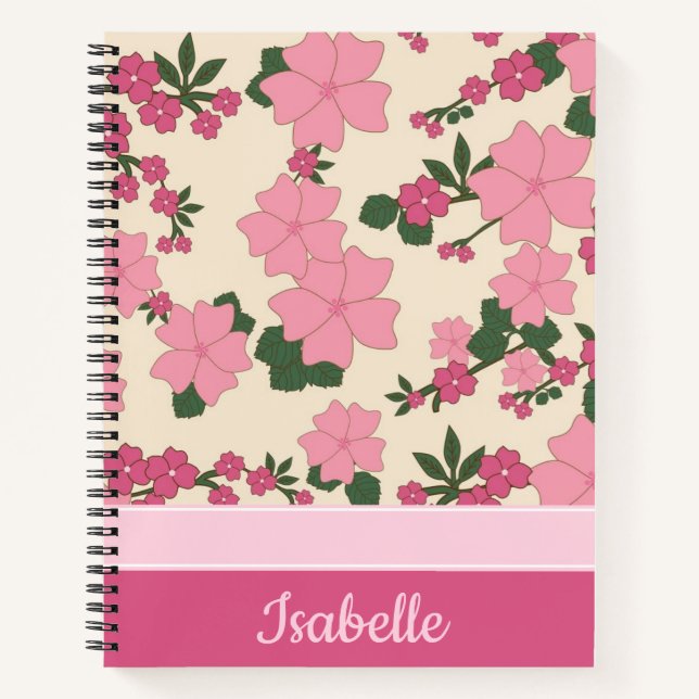Cute Girly Pink Flower Pattern Personalised Notebook (Front)