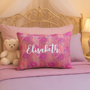 Cute & Girly Pink Flowers Striped Pattern Add Name Decorative Cushion