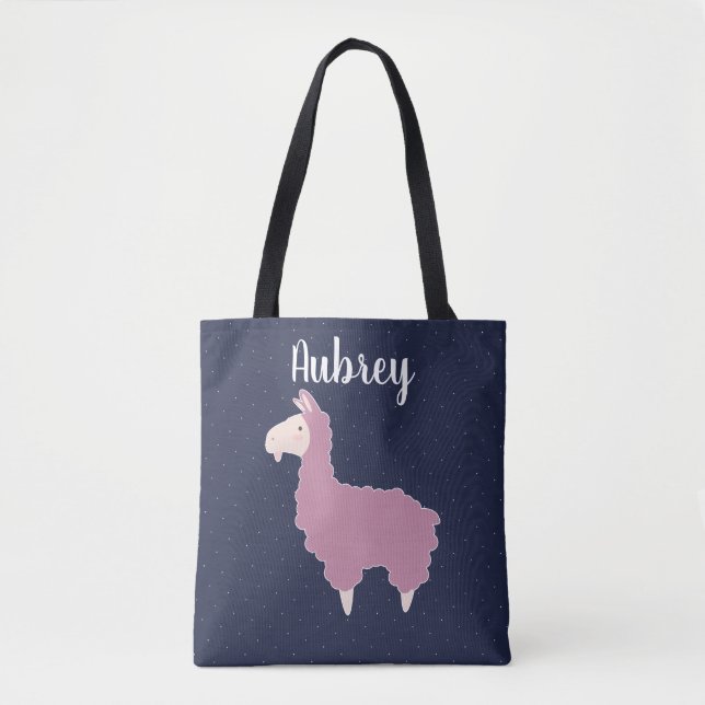 Cute Girly Pink Fluffy Llama & Name Tote Bag (Front)
