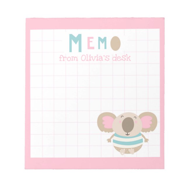 Cute Girly Pink Frame Koala From Desk Of Memo  Notepad (Front)
