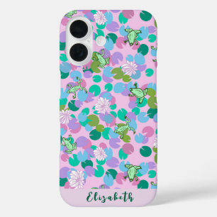 Cute girly pink frog art with waterlilies custom iPhone 16 case