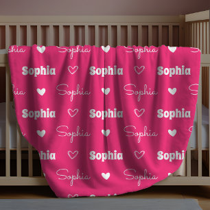 Cute girly pink fuchsia repeating name monogram fleece blanket