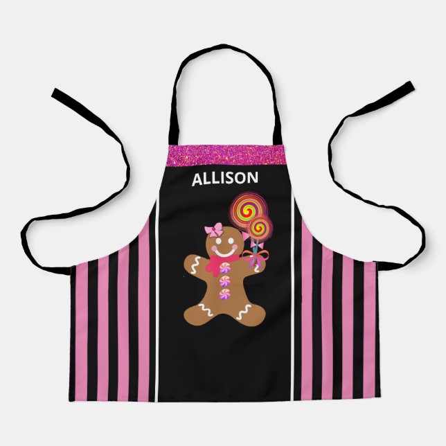 Cute Girly Pink Gingerbread Girl Personalised Kids Apron (Front)