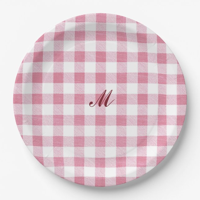 Cute Girly Pink Gingham Plaid Name Monogram Paper Plate (Front)