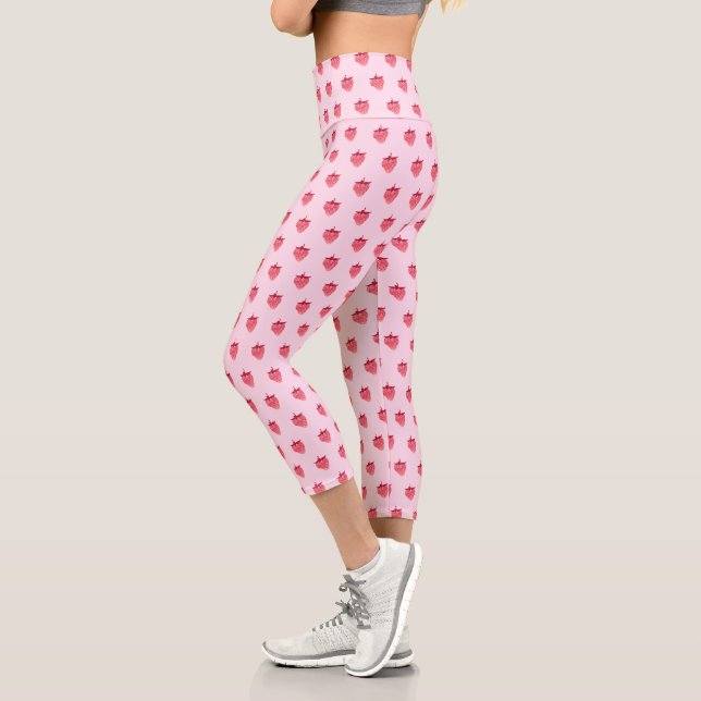 Cute Girly Pink Glitter Strawberry Capri Leggings (Left)