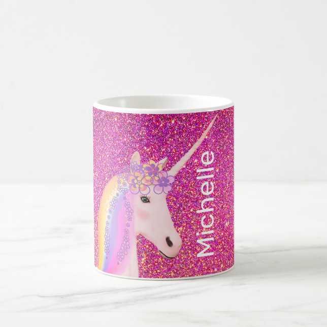 Cute Girly Pink Glitter Unicorn Hot Cocoa Kids  Coffee Mug (Center)