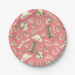 Cute Girly Pink Gold Disco Cowgirl Aesthetic Paper Plate