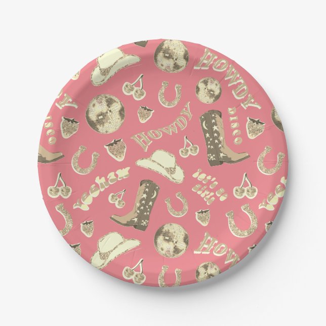 Cute Girly Pink Gold Disco Cowgirl Aesthetic Paper Plate (Front)
