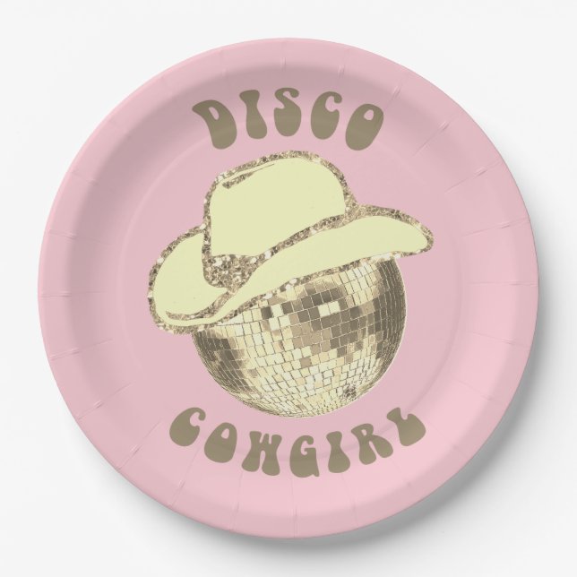 Cute Girly Pink Gold Disco Cowgirl Glitter  Paper Plate (Front)