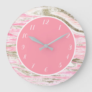 Cute Girly Pink Gold Marble Pattern Large Clock