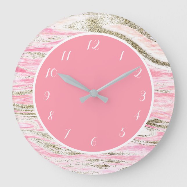 Cute Girly Pink Gold Marble Pattern  Large Clock (Front)
