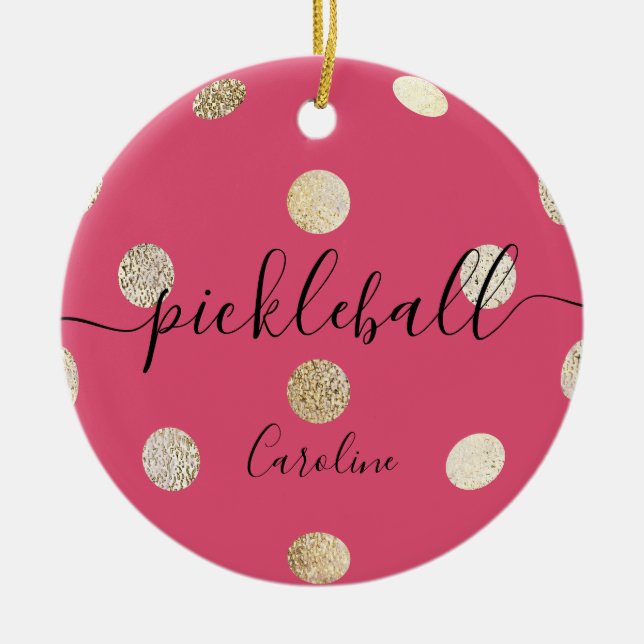 Cute Girly Pink Gold Pickleball Ceramic Tree Decoration (Front)