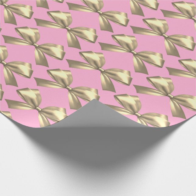 Cute Girly Pink Gold Satin Aesthetic Bow Wrapping Paper (Corner)