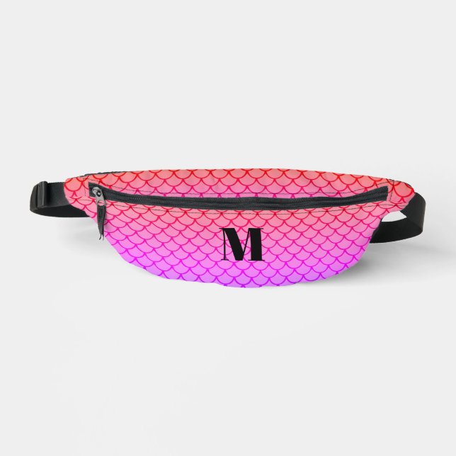 Cute Girly Pink Gradient Mermaid Scales Monogram Bum Bags (Front)