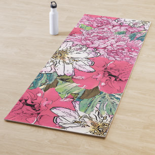 Cute Girly Pink & Green Floral Illustration Yoga Mat