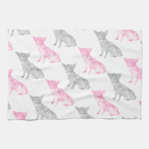 Cute girly pink grey watercolor chihuahua pattern tea towel