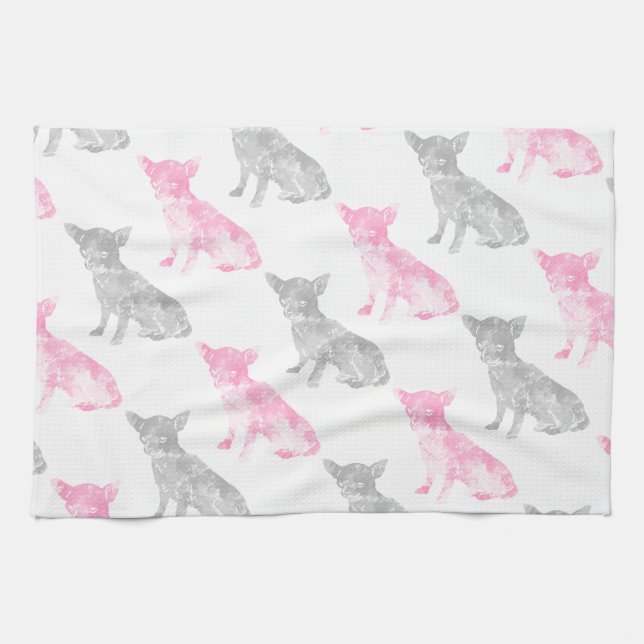 Cute girly pink grey watercolor chihuahua pattern tea towel (Horizontal)