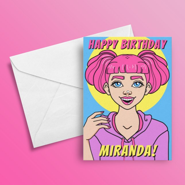 Cute Girly Pink Hair Teen Girl Birthday Card (Creator Uploaded)