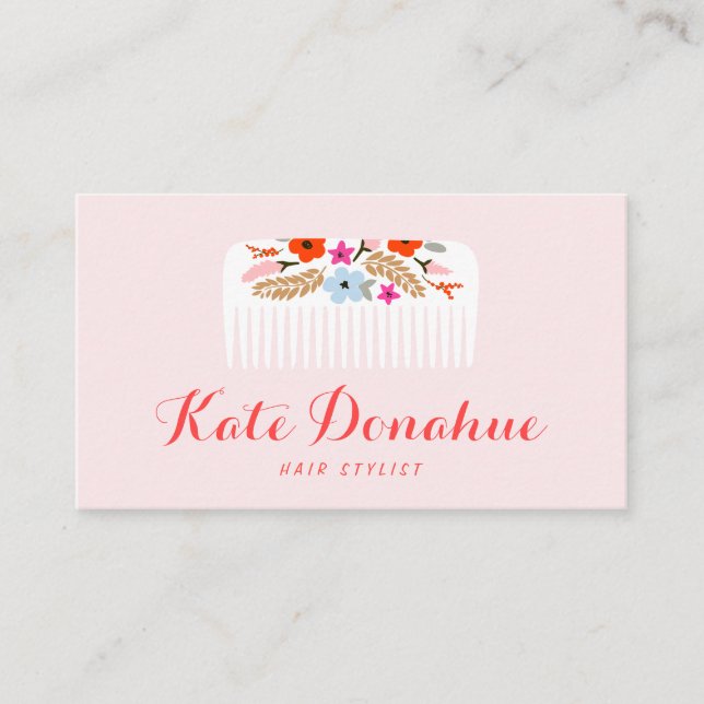 Cute Girly Pink Hairstylist Floral Comb Hair Salon Business Card (Front)