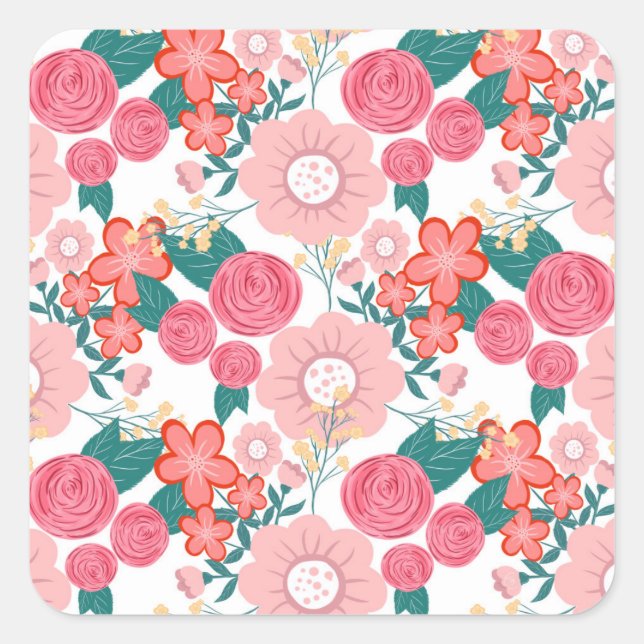 Cute girly pink Hand Drawn Flowers design Square Sticker (Front)
