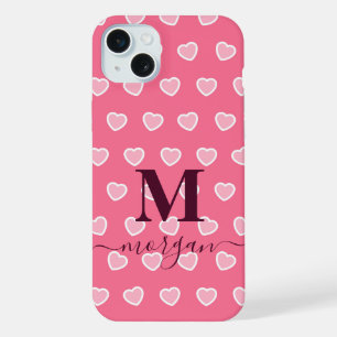 Cute Girly Pink Heart Monogram name iPhone 15 Plus Case
