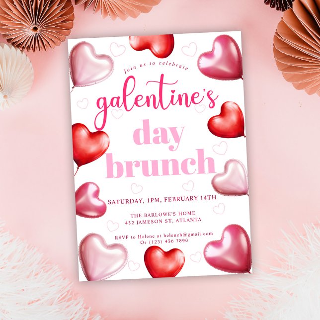 Cute Girly Pink Hearts Galentine's Day Brunch Invitation (Cute Girly Pink Galentine's Day Brunch Invitation)