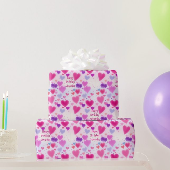 Cute Girly Pink Hearts Happy Birthday  Wrapping Paper (Party Gifts)
