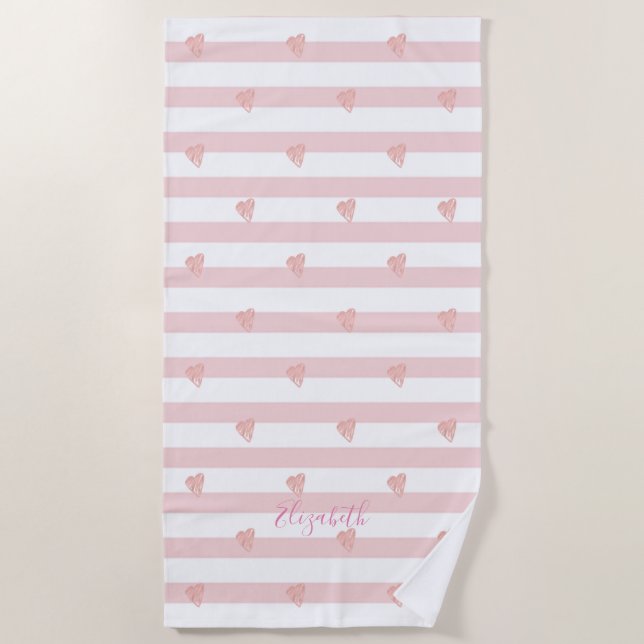 Cute Girly Pink Hearts , Stripes  -Personalised Beach Towel (Front)