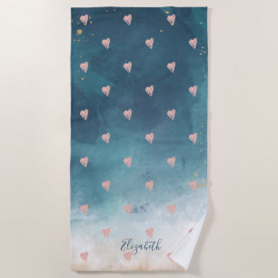 Cute Girly Pink Hearts Watercolor Paint Splash Beach Towel