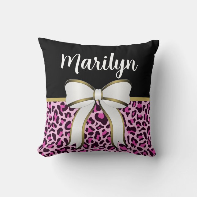 Cute Girly Pink Leopard Print Girl's Bow Cute Name Cushion (Front)
