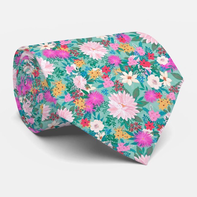 Cute girly pink & Mint hand paint floral design Tie (Rolled)
